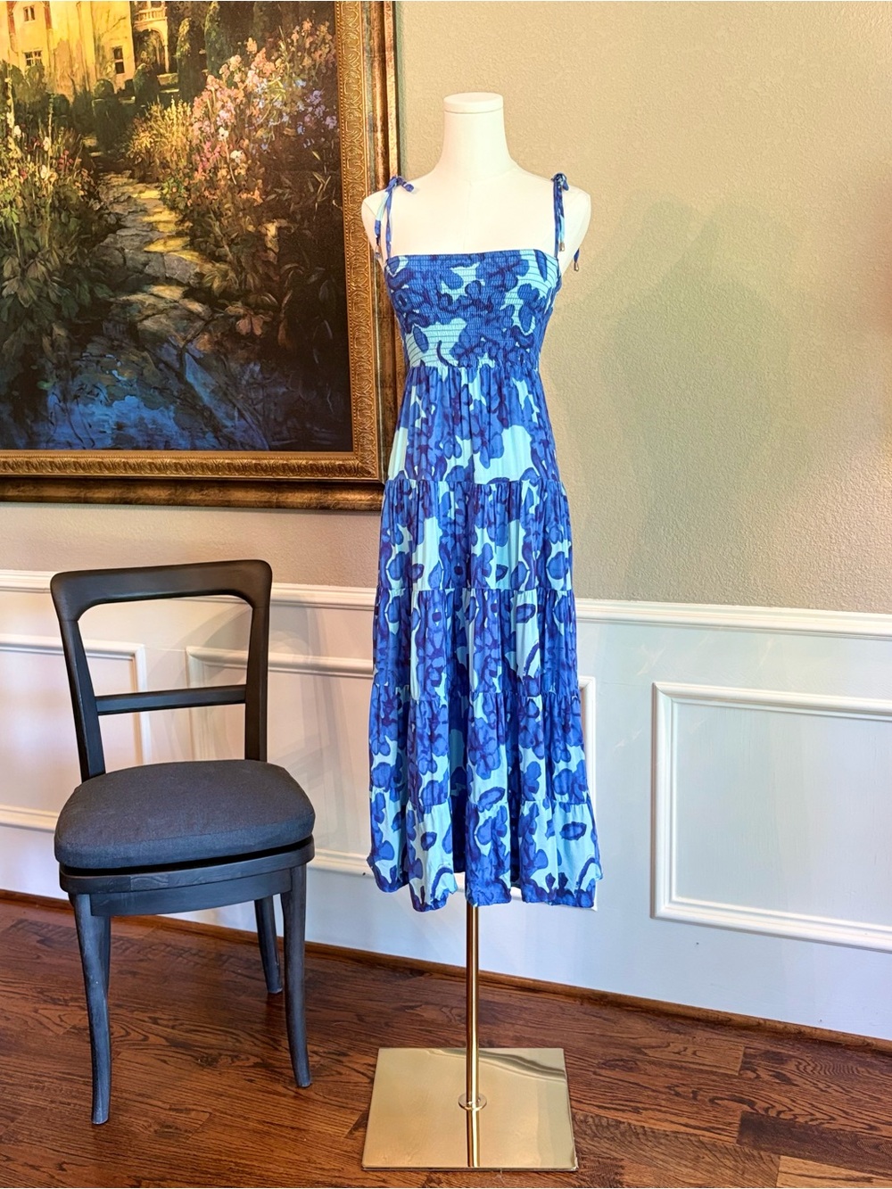 Petal & Pup Blue Floral Smocked Midi Dress- XS